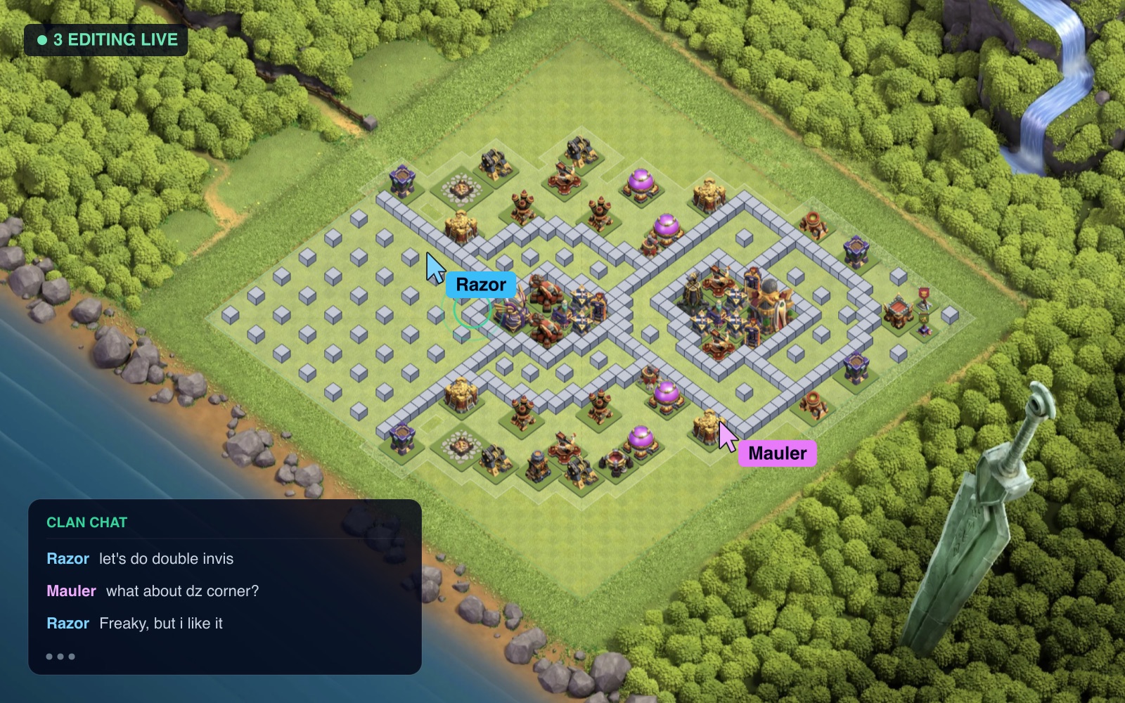 Goofy Goblins co-op: clanmates editing one base live with clan chat