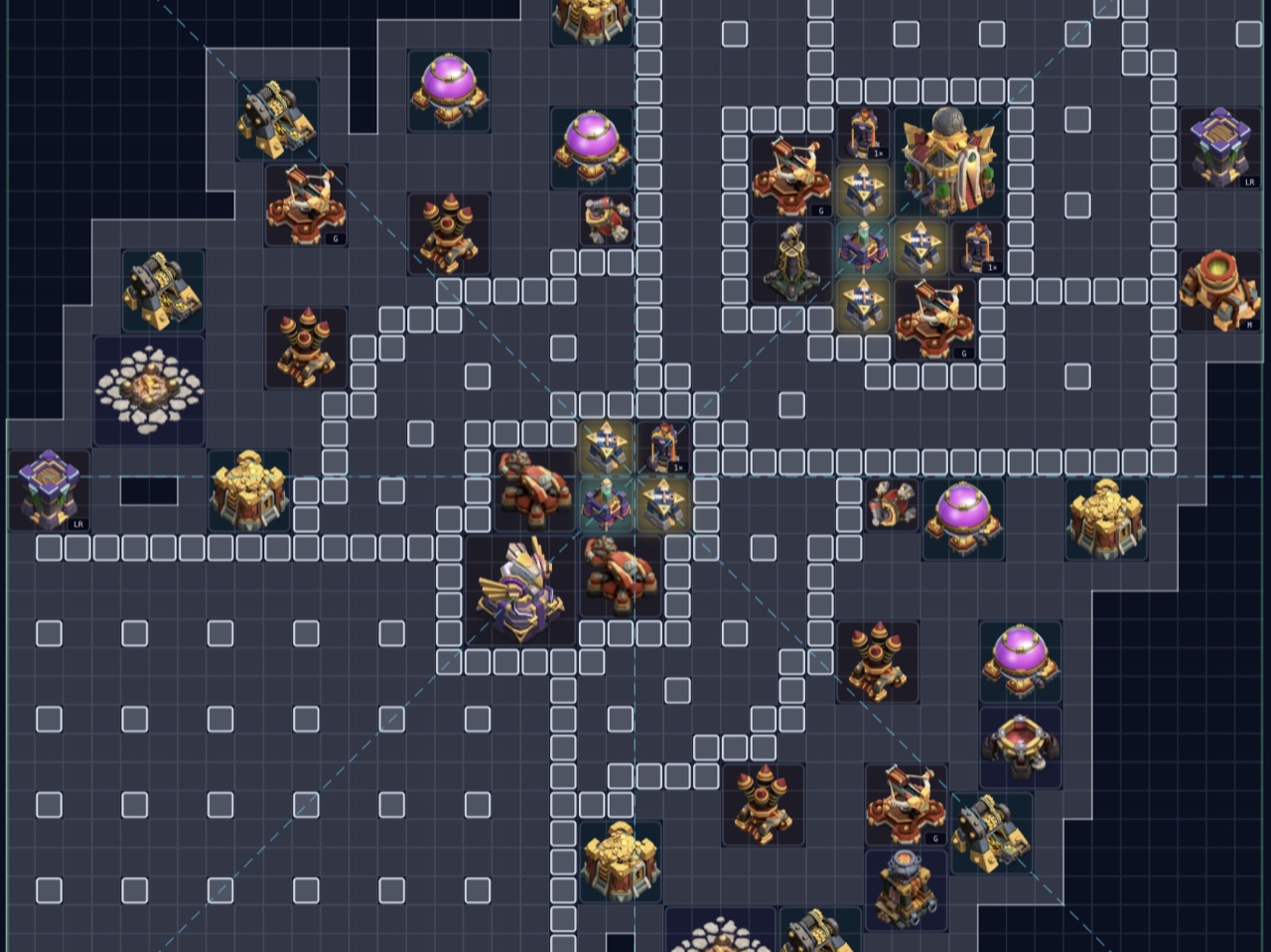 Goofy Goblins blueprint mode: a schematic, engineering-style render of a base layout