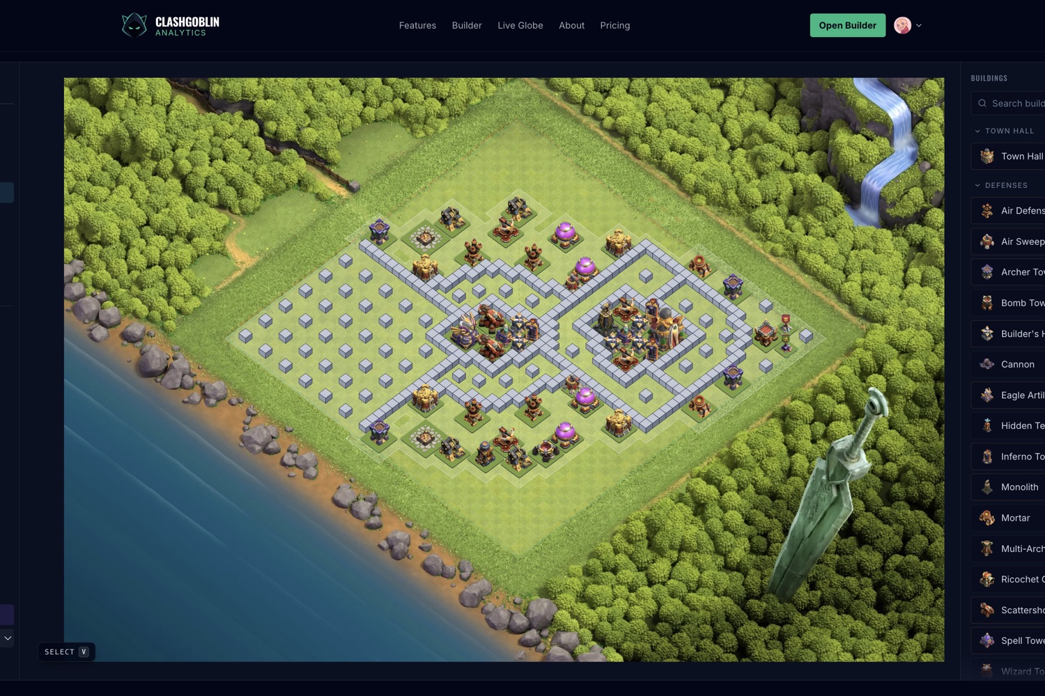 The Goofy Goblins builder: an isometric base with defensive range overlays, building palette and toolbar